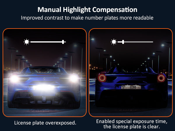 Dash Cam with Manual Highlight Compensation captures clear license plate info at night