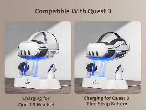 The charging dock is charging the Quest 3 headset and Quest 3 Elite strap with battery.