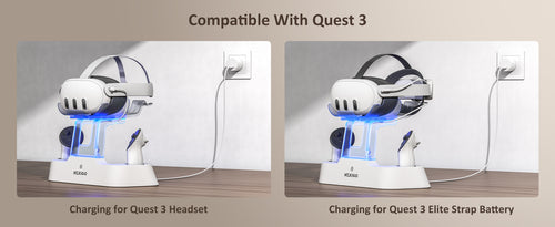 The charging dock is charging the Quest 3 headset and Quest 3 Elite strap with battery.