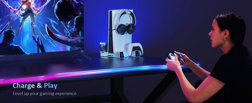 A woman sitting on the sofa playing PS5 games with NexiGo white PS5 Silent Cooling Stand.