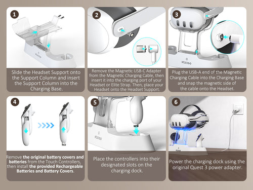 Charging dock assembly steps diagram.