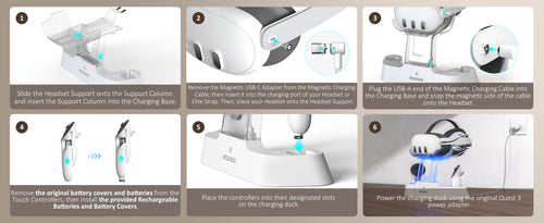 Charging dock assembly steps diagram.