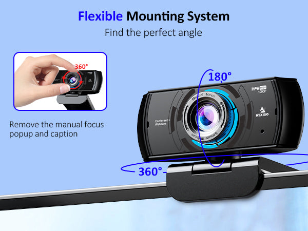 This webcam can rotate 360 degrees horizontally and adjust 180 degrees vertically.