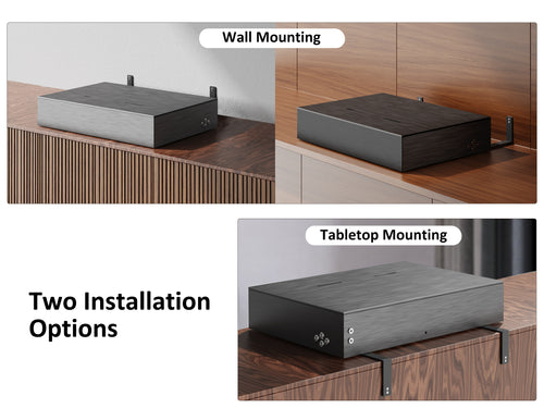 Two installation options: wall mount or TV cabinet for sliding trayv