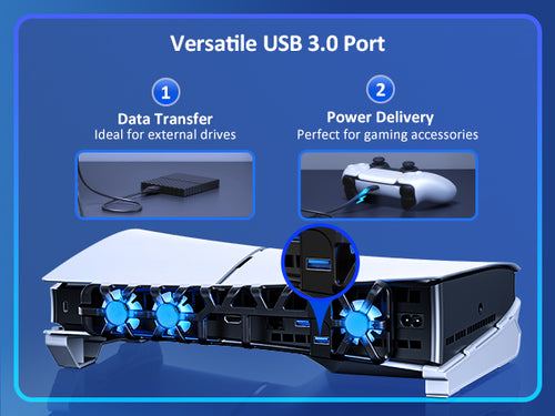 The cooling fan features USB 3.0 for fast data transfer and an extra charging port.
