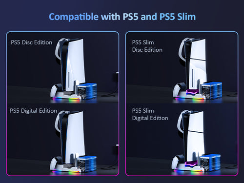 The stand simultaneously charges two PS5 DualSense or DualSense Edge controllers.