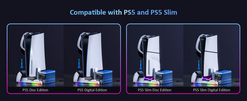 The stand simultaneously charges two PS5 DualSense or DualSense Edge controllers.
