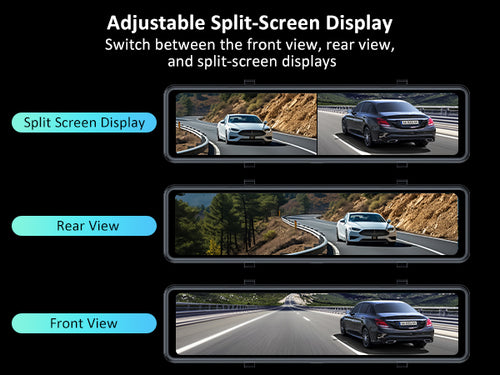 Easily switch between front, rear, and split-screen views with the adjustable split-screen feature.