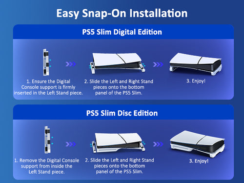 Instructions on how to install the stand on the bottom of the PS5