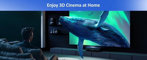A man wearing 3D glasses sitting on a sofa, watching a 3D movie: a whale swimming out of the screen