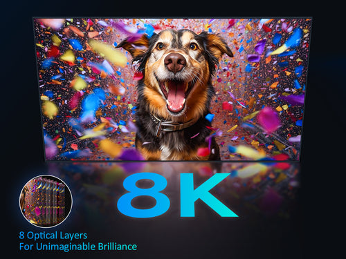 The projected image showcases high-definition 8K pictures of adorable dogs.