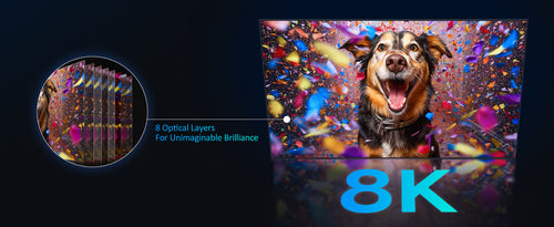 The projected image showcases high-definition 8K pictures of adorable dogs.