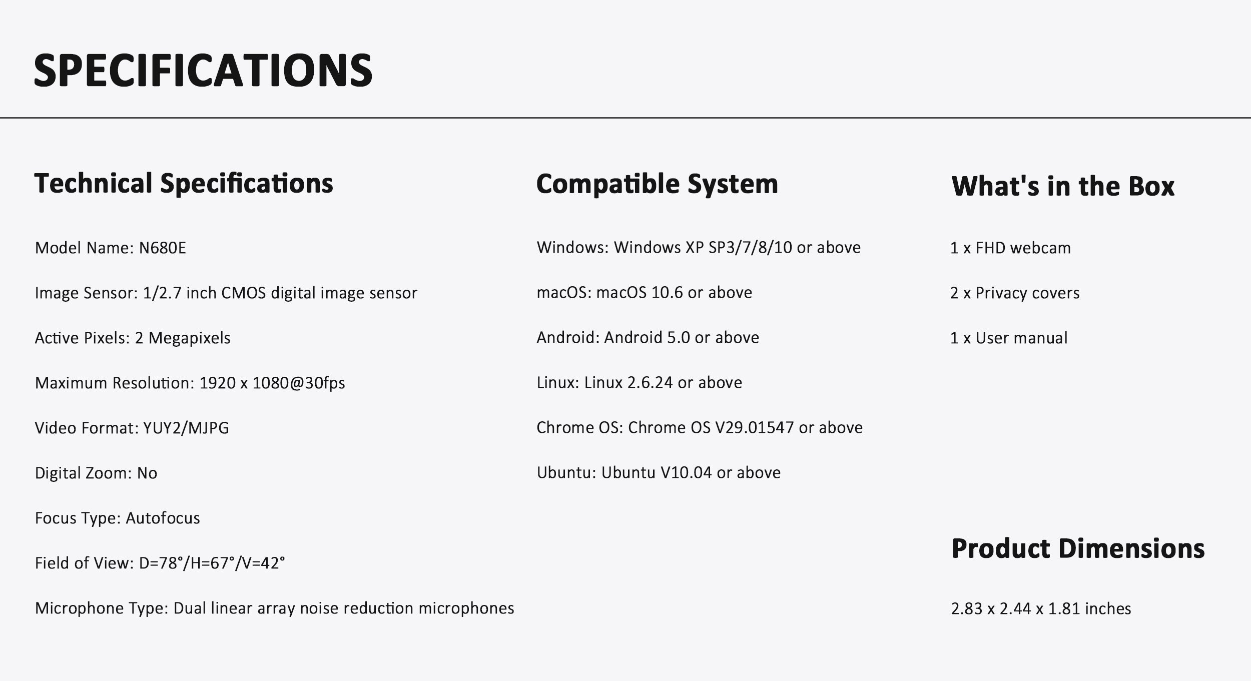 Specification to N680e webcam with privacy cover