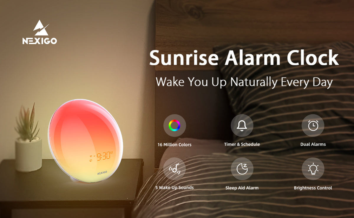 The NexiGo Sunrise Alarm Clock stands on the bedside table