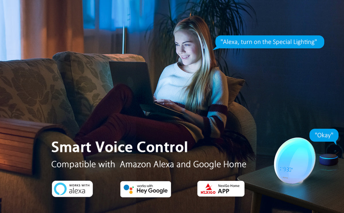 A woman adjusts the alarm clock lighting mode using Alexa commands.