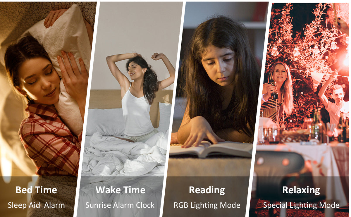 Four usage scenarios: Bedtime, Wake time, Reading, Relaxing.