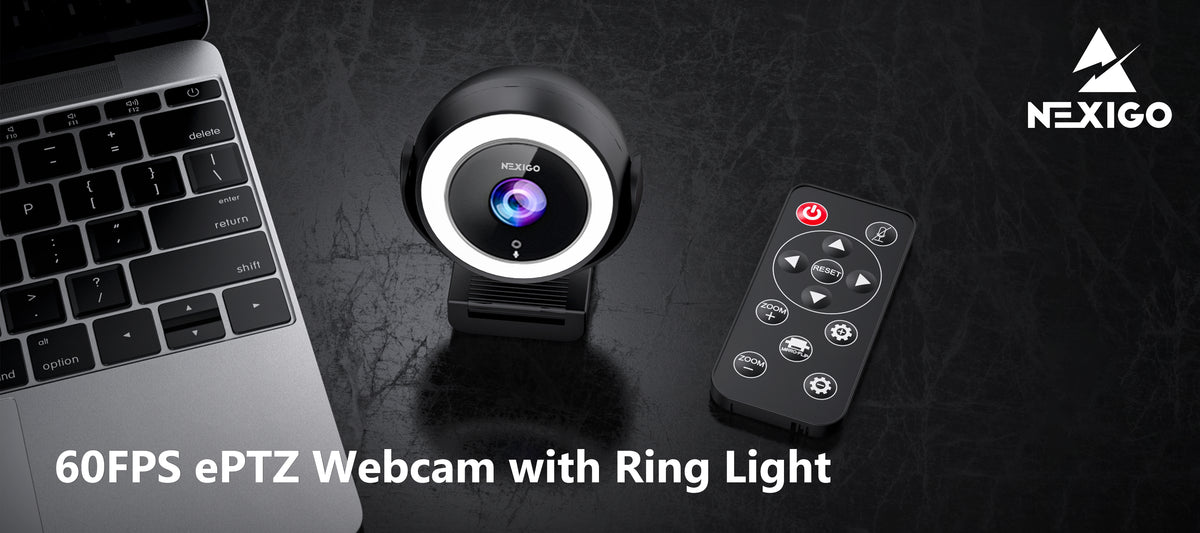 NexiGo ring light webcam with remote control placed on the right side of the laptop desktop