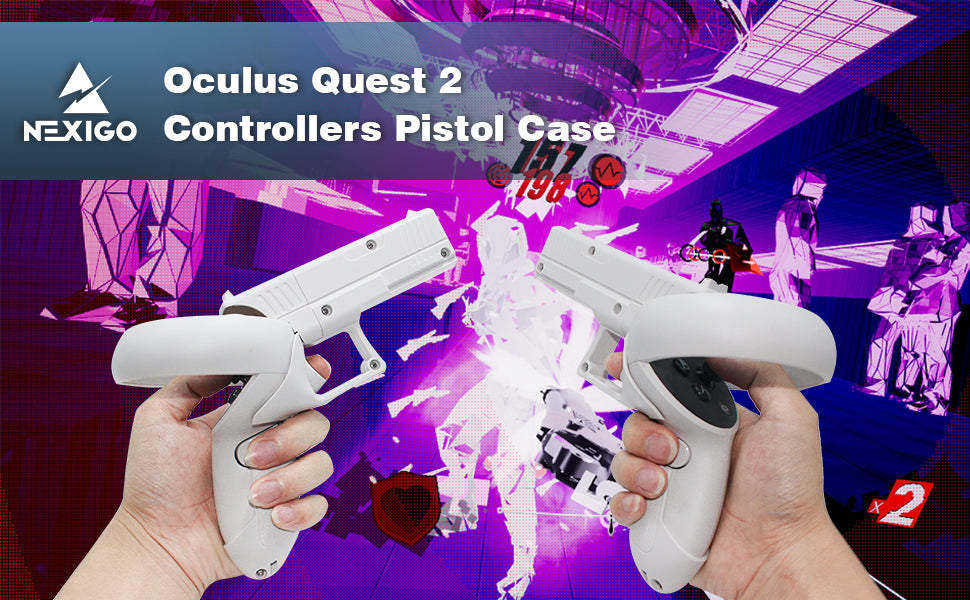 Scene of a model holding this controller's pistol case while playing a shooting game.