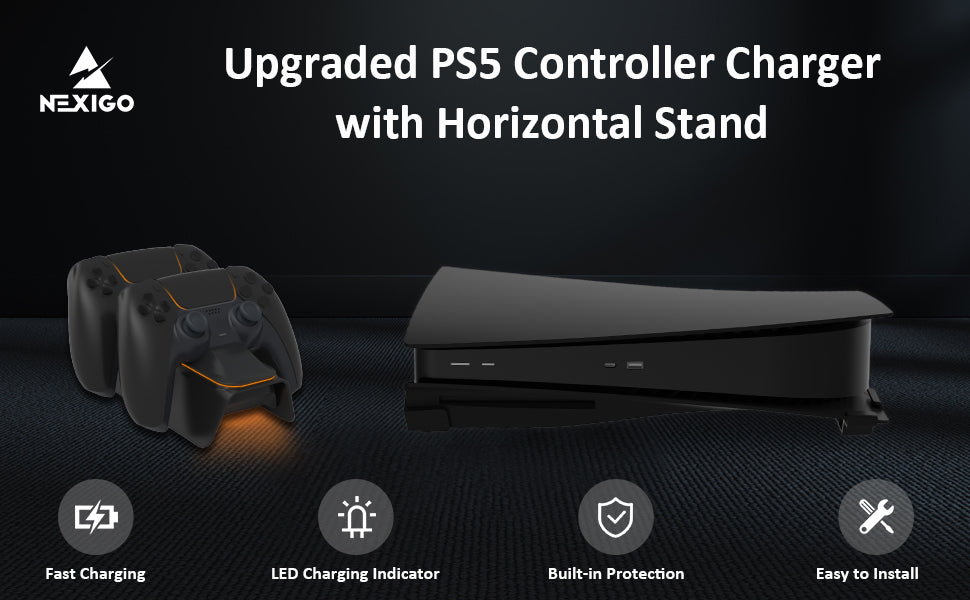 Controllers placed on charging dock, PS5 console placed horizontally using the stand.