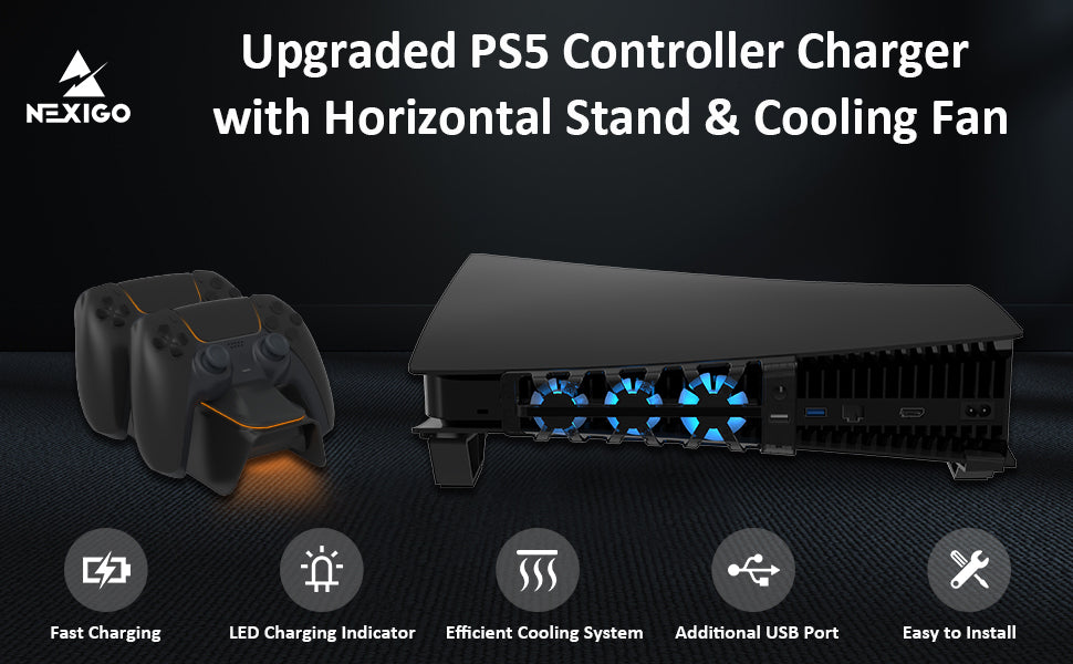 Controller on charging dock, PS5 with cooling fan inserted, horizontally mounted using stand. 