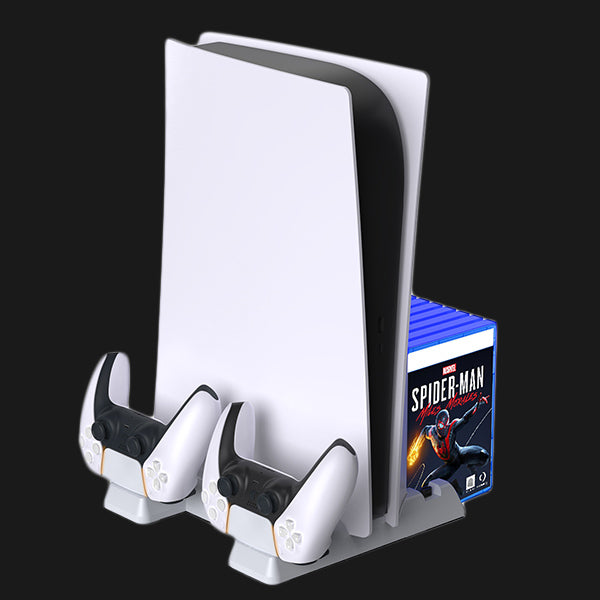 Vertical Stand with console and game controllers fully stacked