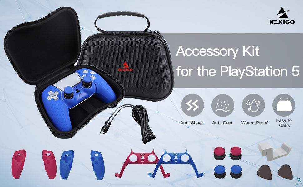 Displaying all the accessories included in this Accessories Kit for PS5. 