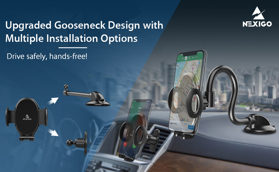 Showcasing versatile installation options for NexiGo All-in-One Car Phone Holder.