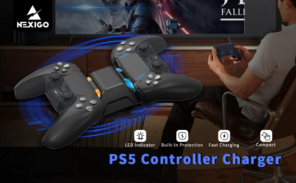 Front view of PS5 controller placed on NexiGo PS5 Controller Charger.