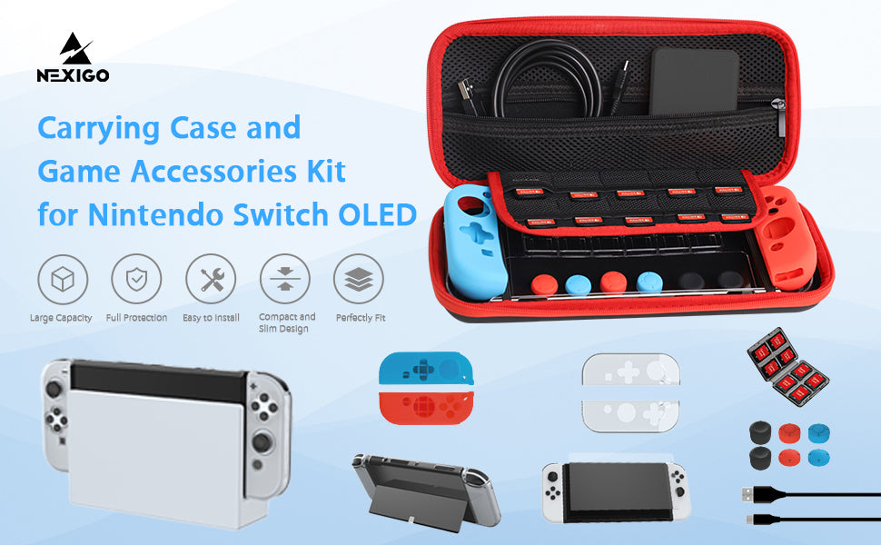 Displaying all the accessories included in this Switch Carrying Case and Game Accessories Kit. 