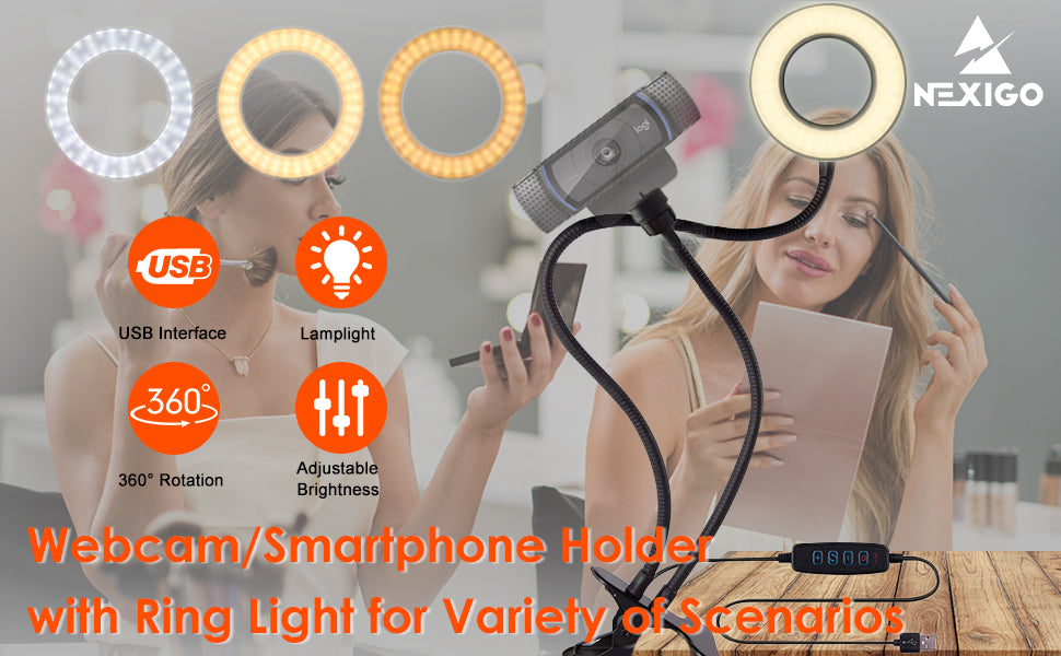 NexiGo 3.5 Inch Dual Selfie Ring Light with Moible Phone & Webcam Holder,  3-Light Modes, 10 Brightness Levels, LED Ringlight with Tripod Stand, for