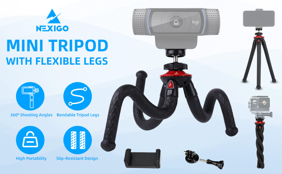 The mini tripod is highly extendable and can be adjusted 360 degrees for rotation