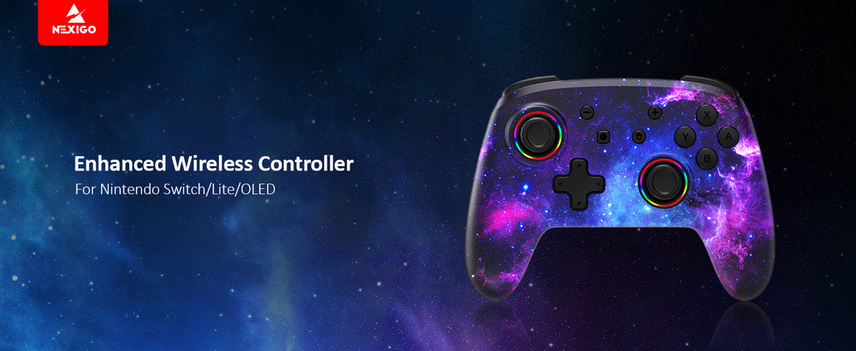 Our NS32 wireless controller, featuring a starry-sky skin, showcased against a backdrop of stars.