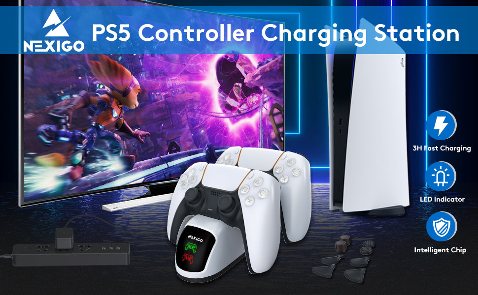 PS5 Charging Station with LED indicators placed in the gaming room