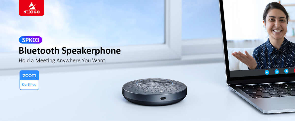 SPK03 Bluetooth speakerphone wirelessly connects to a laptop for video conferencing