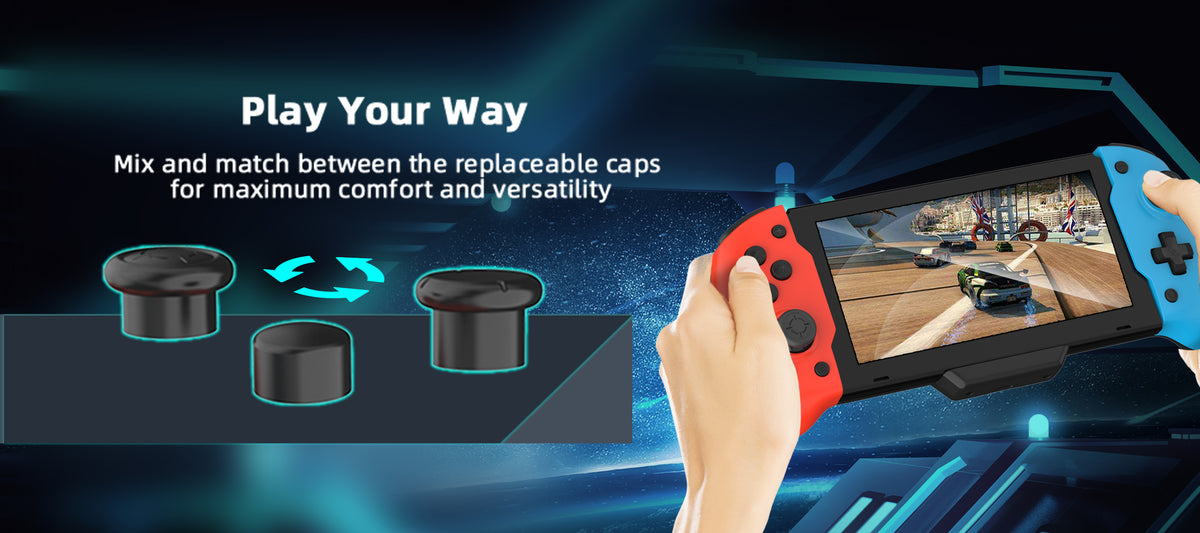 The product includes three types of replaceable joystick caps, offering diverse gaming experiences