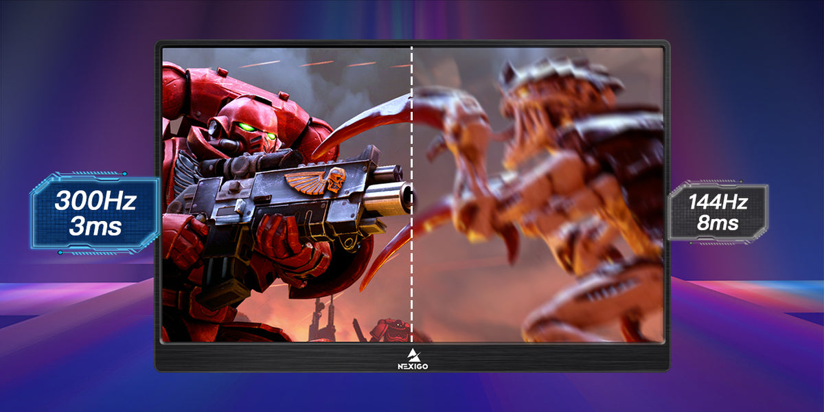 A comparison of display effects between 300Hz and 144Hz; 300Hz shows more motion trajectories