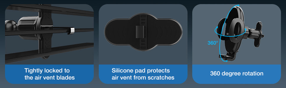 Air Vent Mount details: Silicone pad design, 360-degree rotation support.