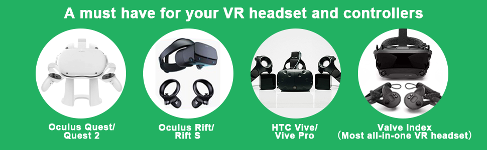 The VR display stand supports Quest 2, Rift S, Vive Pro, and Valve Index.