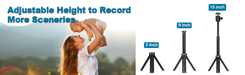 The mini tripod can be adjusted from 3'' to 13'' in height. 