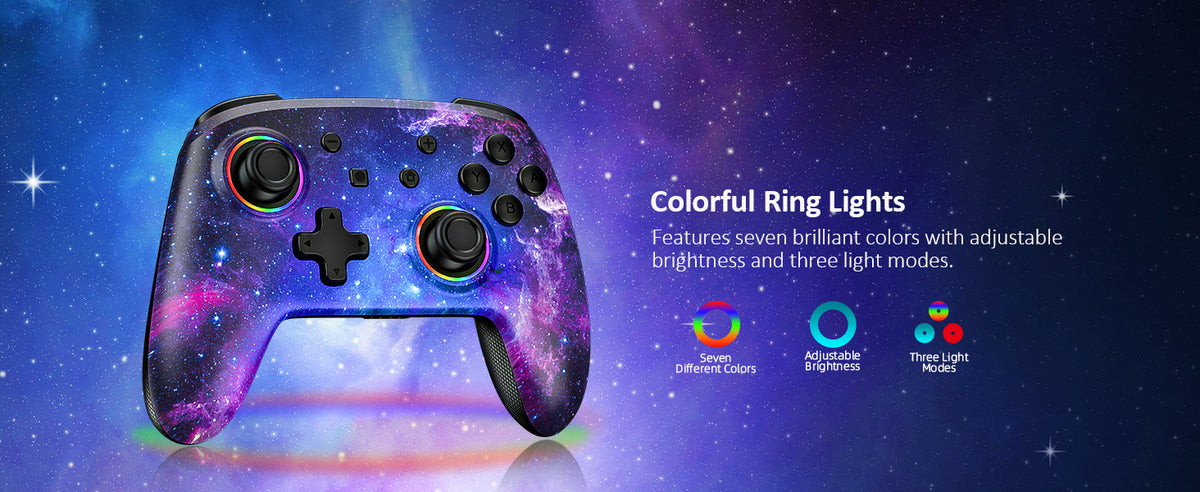 Highlighting the controller's vibrant RGB lighting effects around the handle.