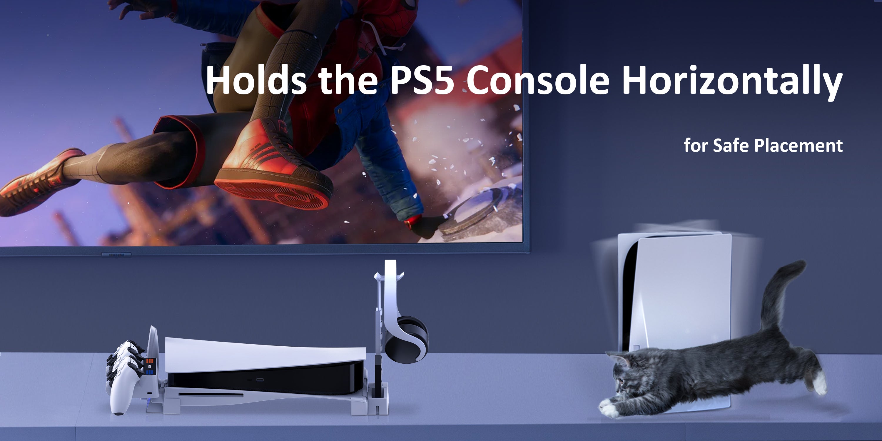 The cat running on the TV cabinet with the PS5 console placed upright can bump into the standing console