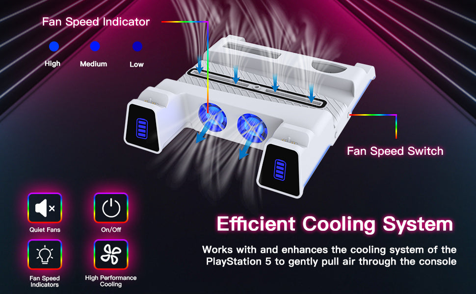 NexiGo PS5 Slient Cooling Stand with RGB LED Light, Dual Charging Station  Compatible with DualSense Edge Controller, Hard Drive Slot, Headset and