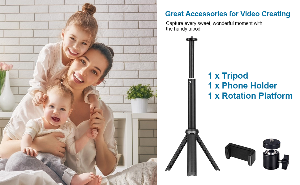 The package includes a tripod, phone clip, and rotation platform.