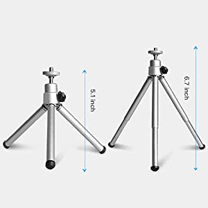 The Mini Tripod Stand can be adjusted in height from 5'' to 6.7''