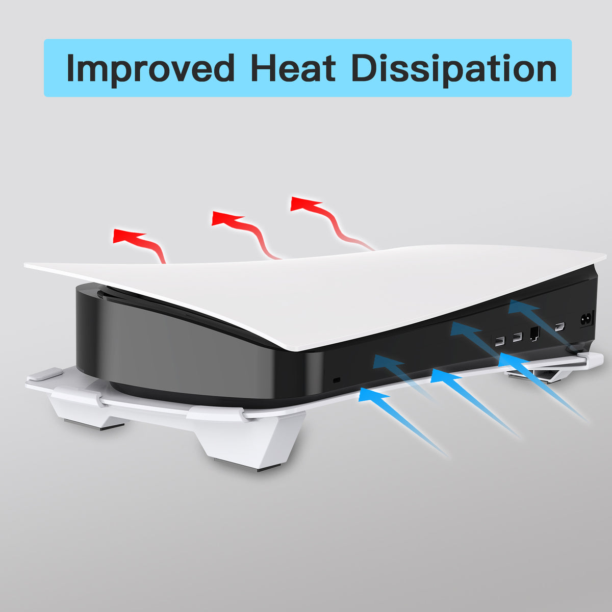 Horizontal stand elevates the console, promoting airflow for better heat dissipation and cooling.