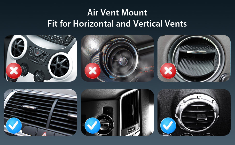The display showcases the types of vents that are compatible with the Air Vent Mount.