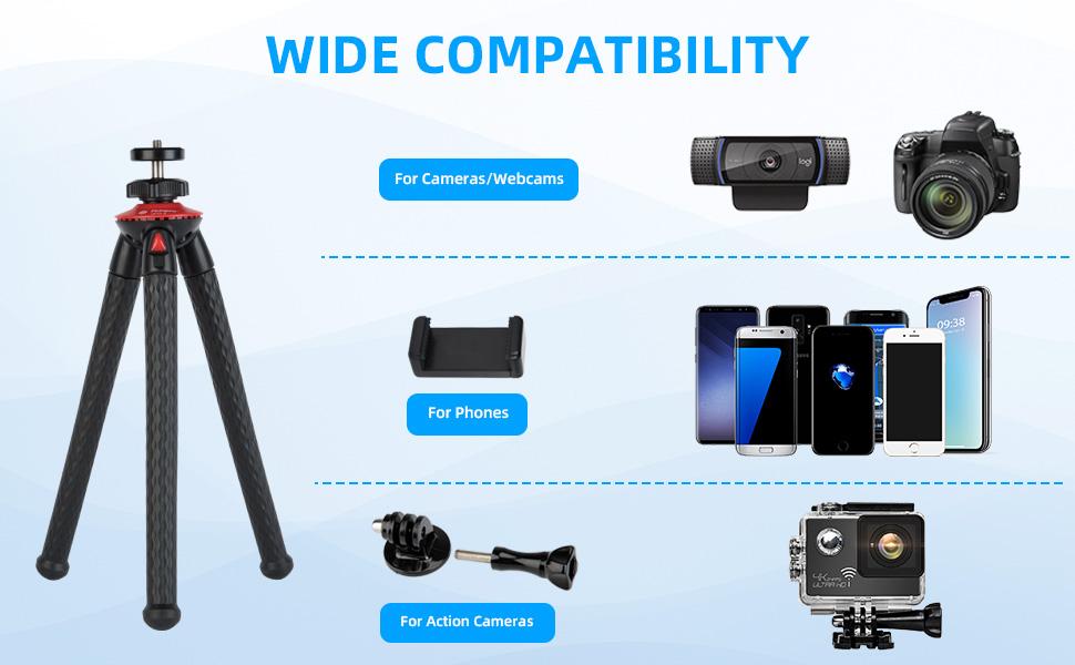 The mini tripod is compatible with webcams, smartphones, and cameras