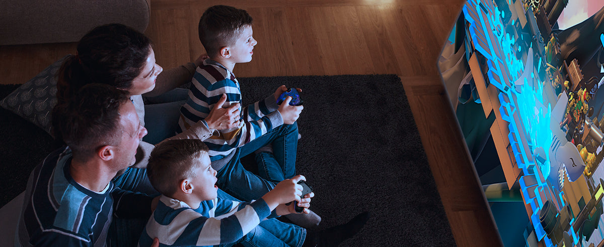 A happy family bonding while playing games together.