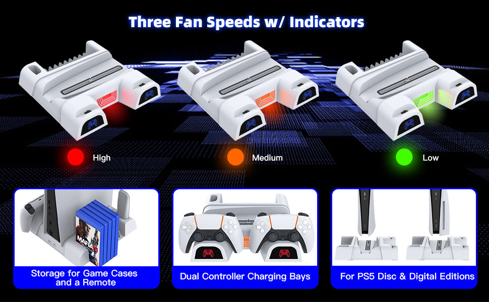 The vertical cooling stand features three fan speed settings and can accommodate game cards and controllers.