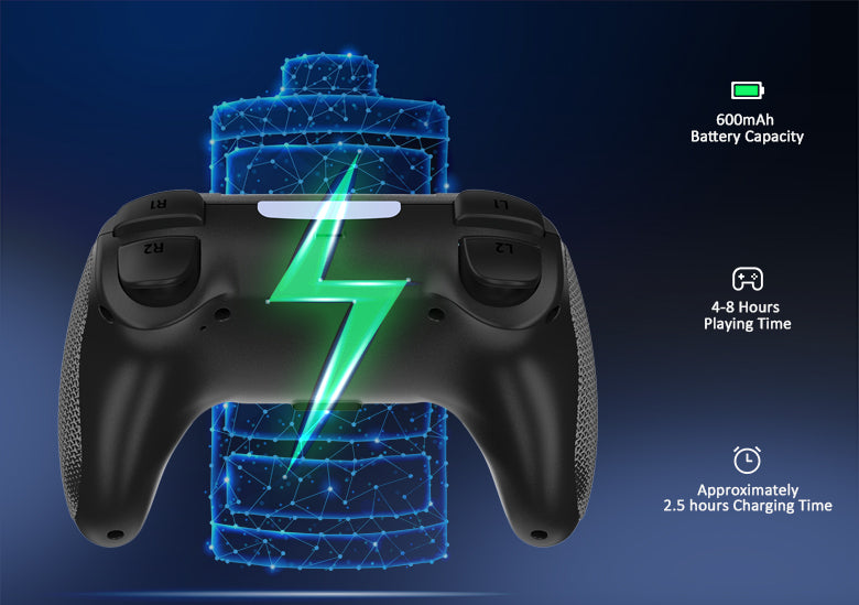 The controller has an internal battery and can provide up to 8 hours of playtime on a full charge